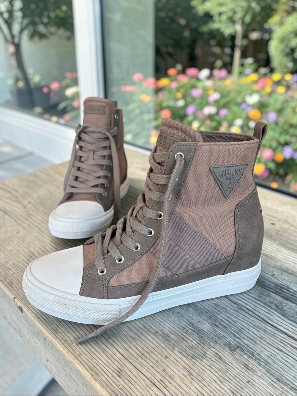 GUESS Women's High-Top Lace-Up Sneakers in Taupe (brown/gray)and White